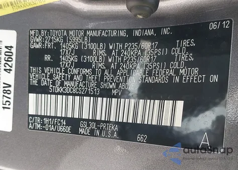 2012 Toyota Sienna Le V6 8 Passenger from USA, damaged, VIN 5TDKK3DC8CS271513
